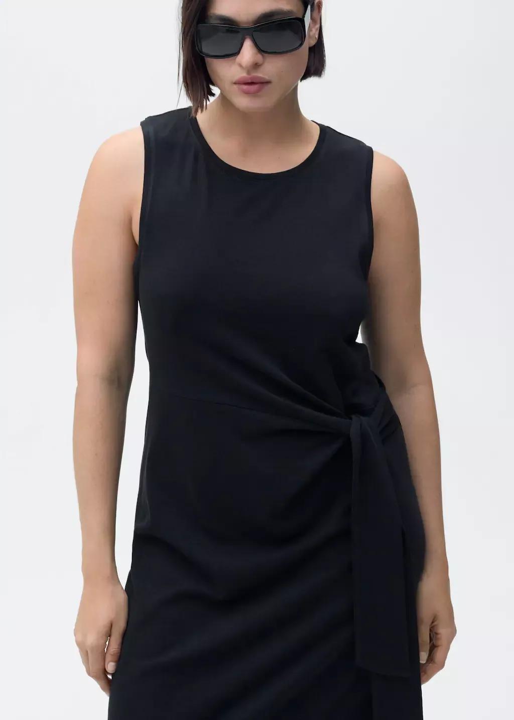 Black Cotton Midi-Dress With Knot Detail, , large image number 9
