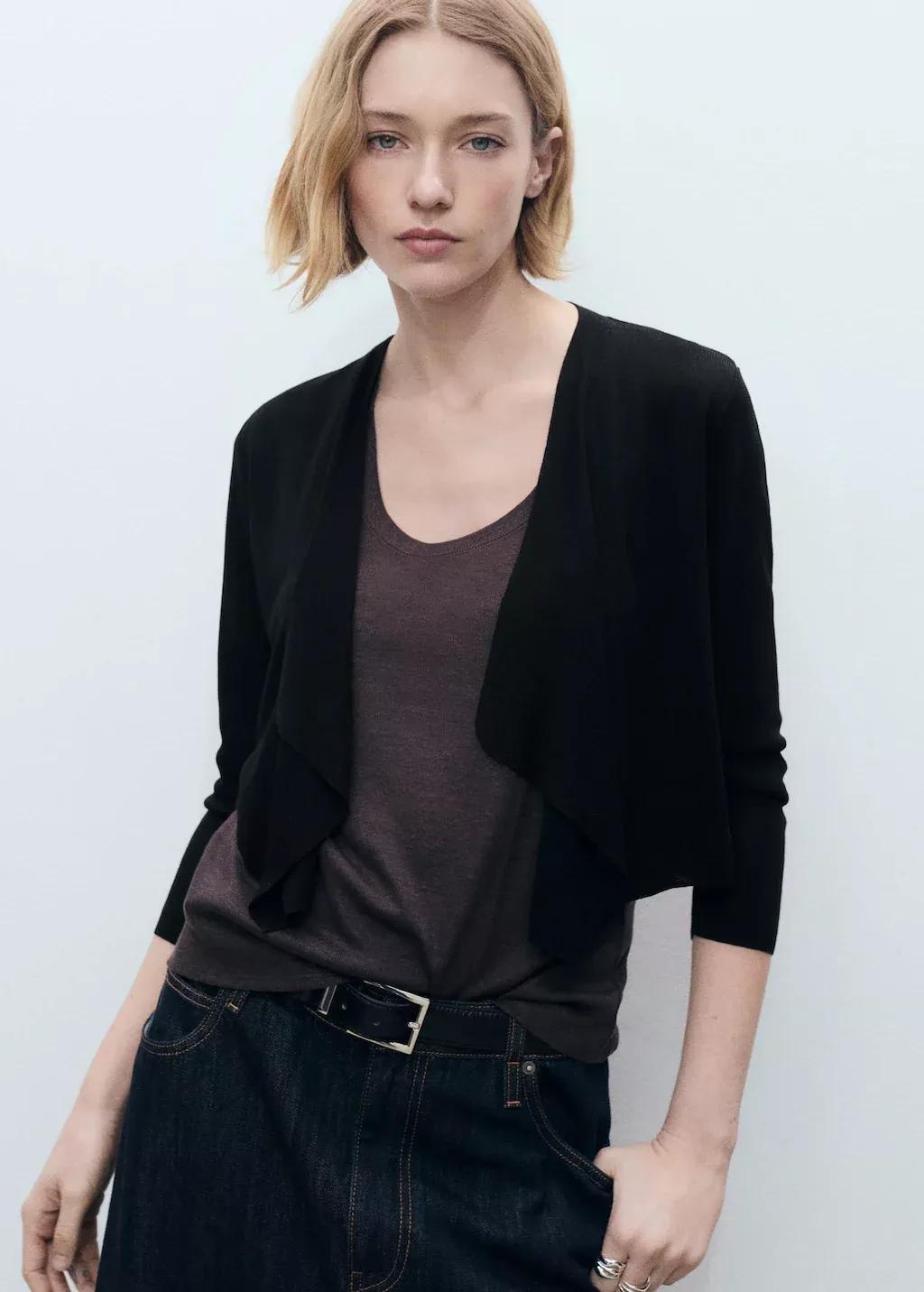 BLACK Knitted cropped cardigan, , large image number 0