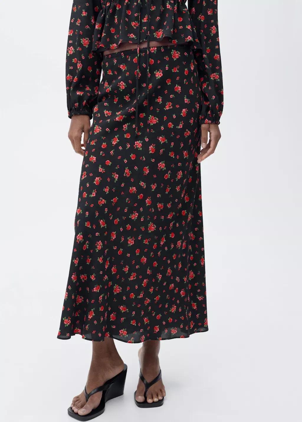 Black Long Floral Flared Skirt, , medium