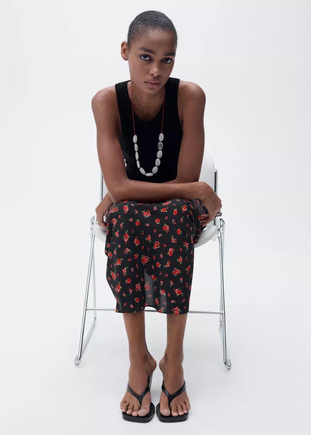 Black Long Floral Flared Skirt, , large image number 1