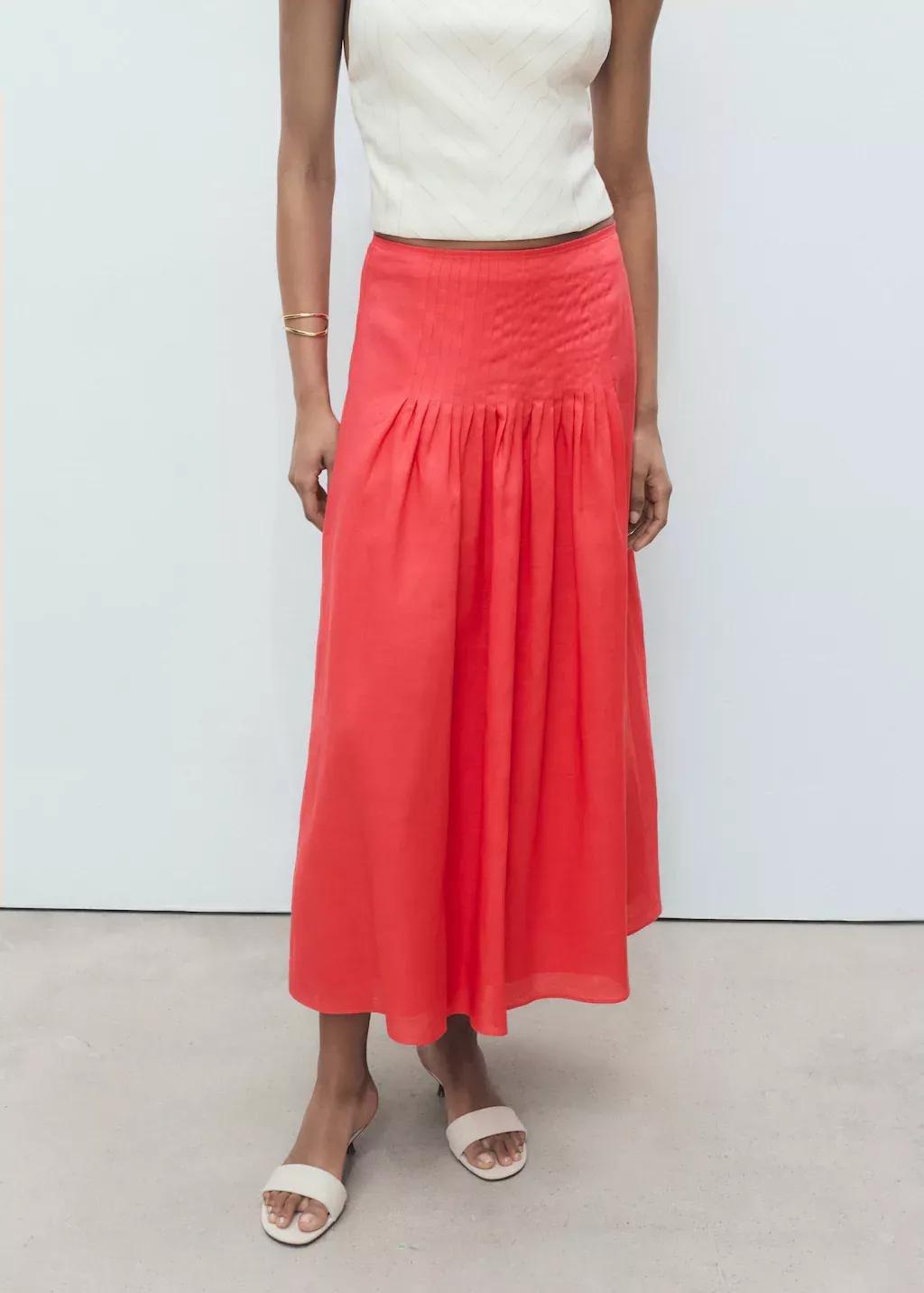 Red Ramie Pleated Skirt, , large image number 0