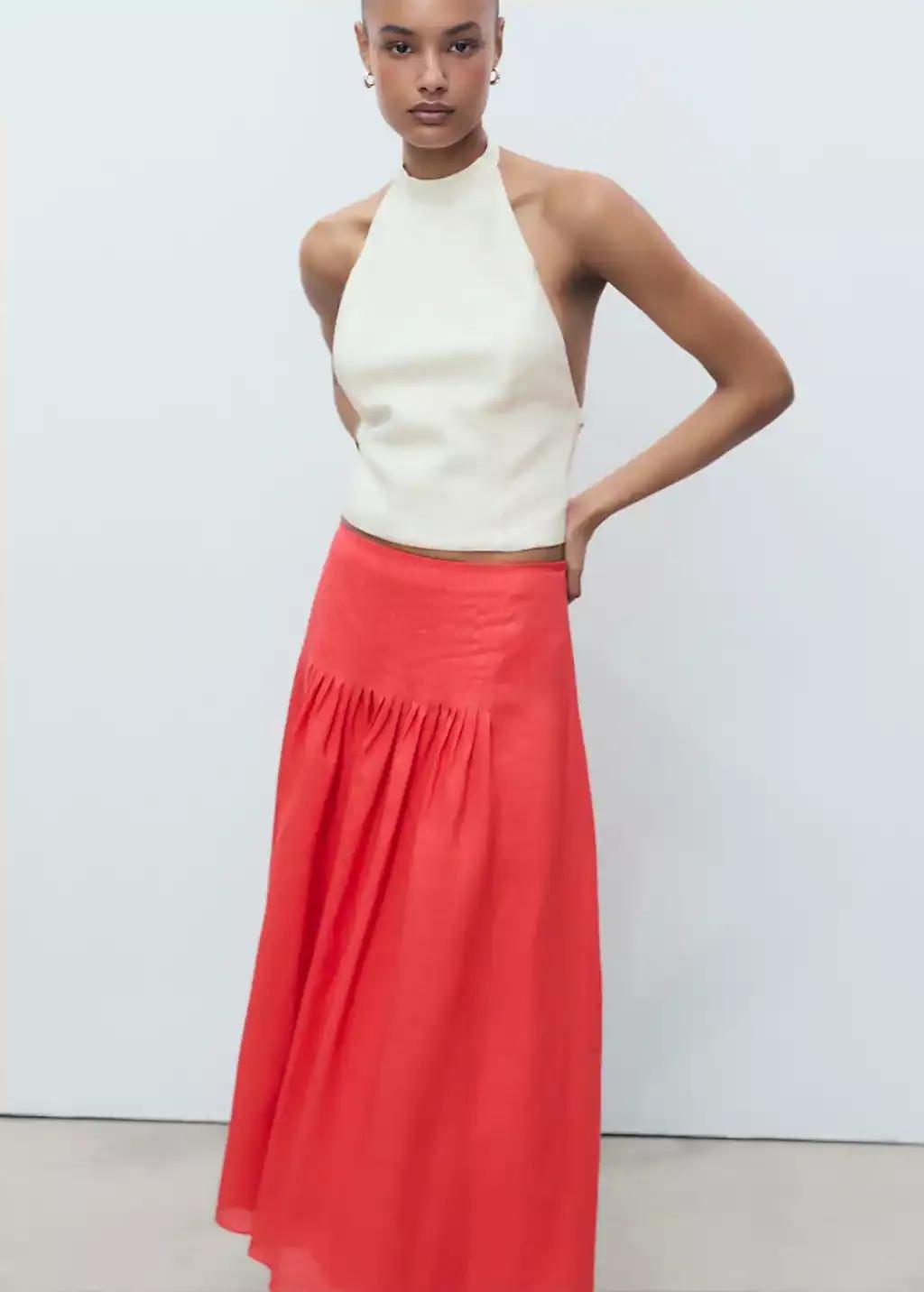 Red Ramie Pleated Skirt, , large image number 1