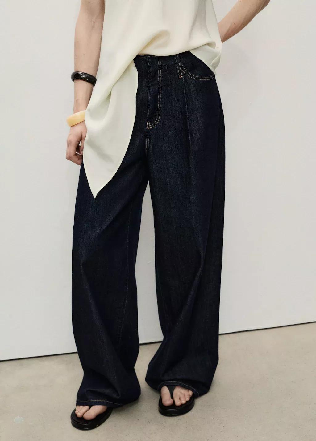 Blue Wideleg Denim Pants With Frayed Waist, , large image number 0
