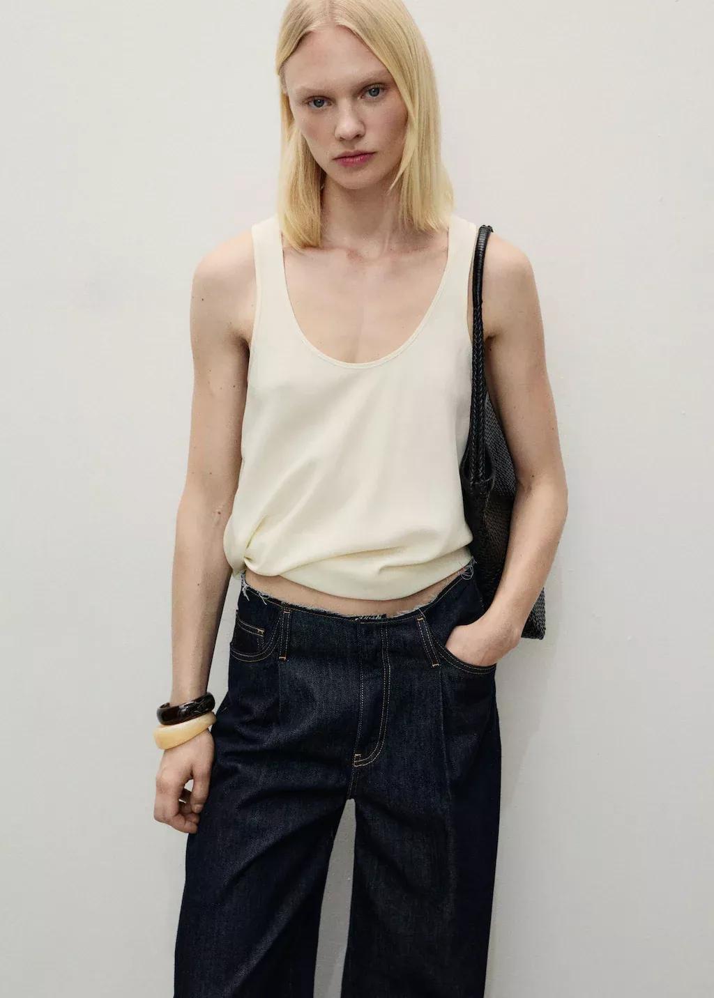 Blue Wideleg Denim Pants With Frayed Waist, , large image number 1