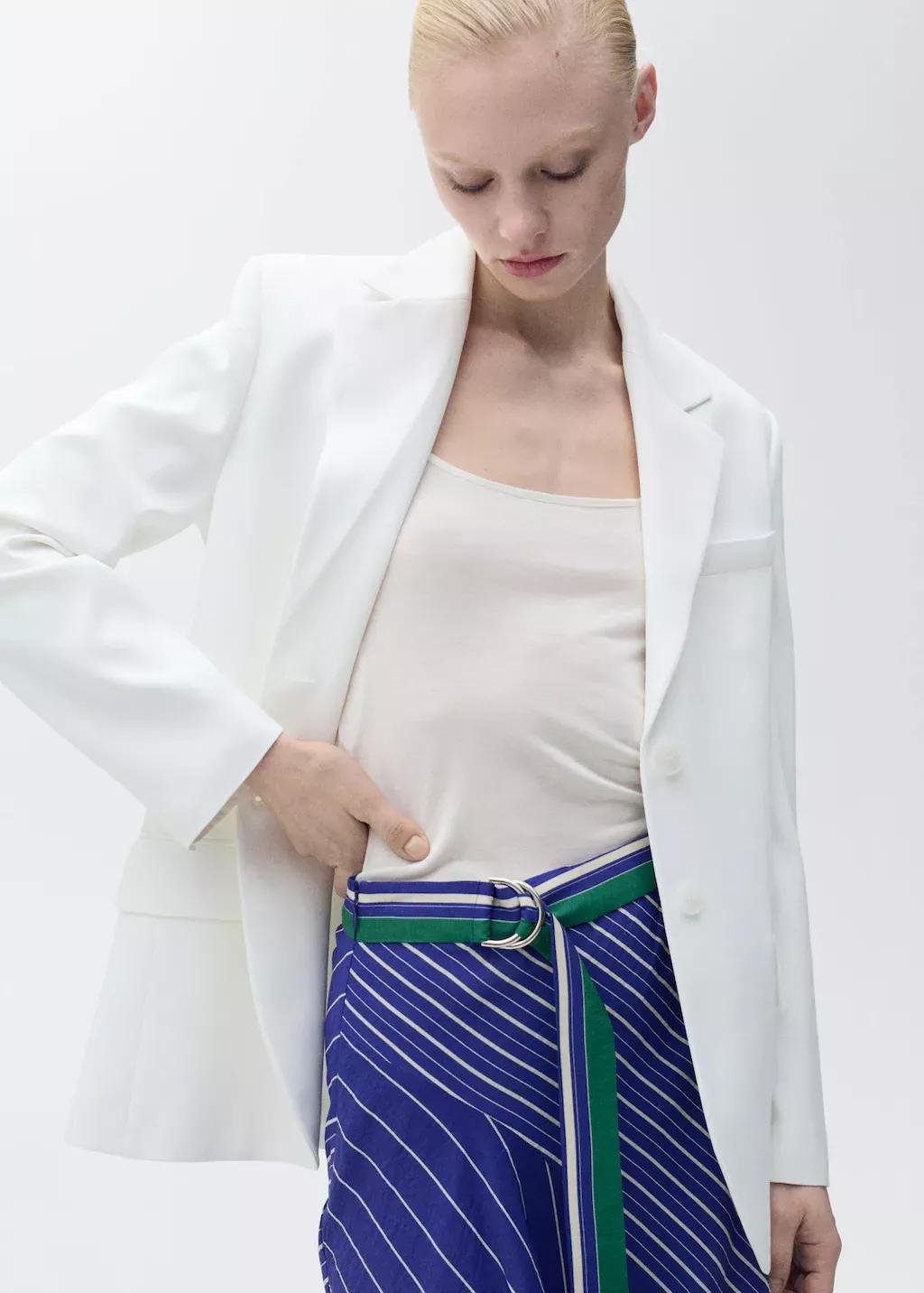 Blue Striped Midi Skirt With Belt, , large image number 0