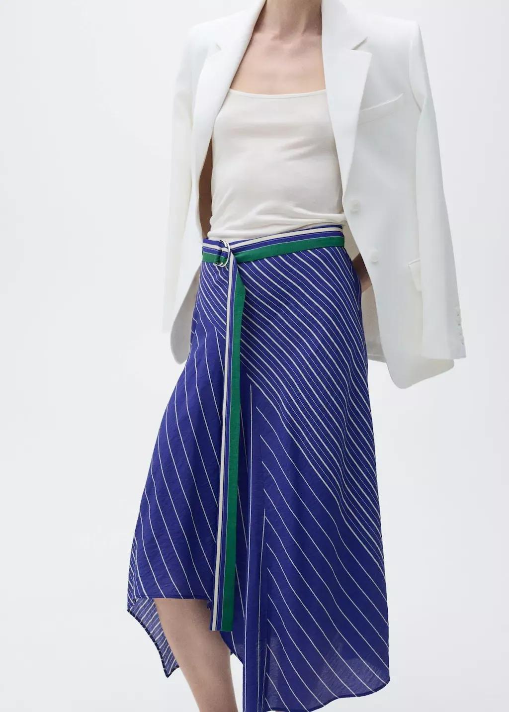 Blue Striped Midi Skirt With Belt, , large image number 1