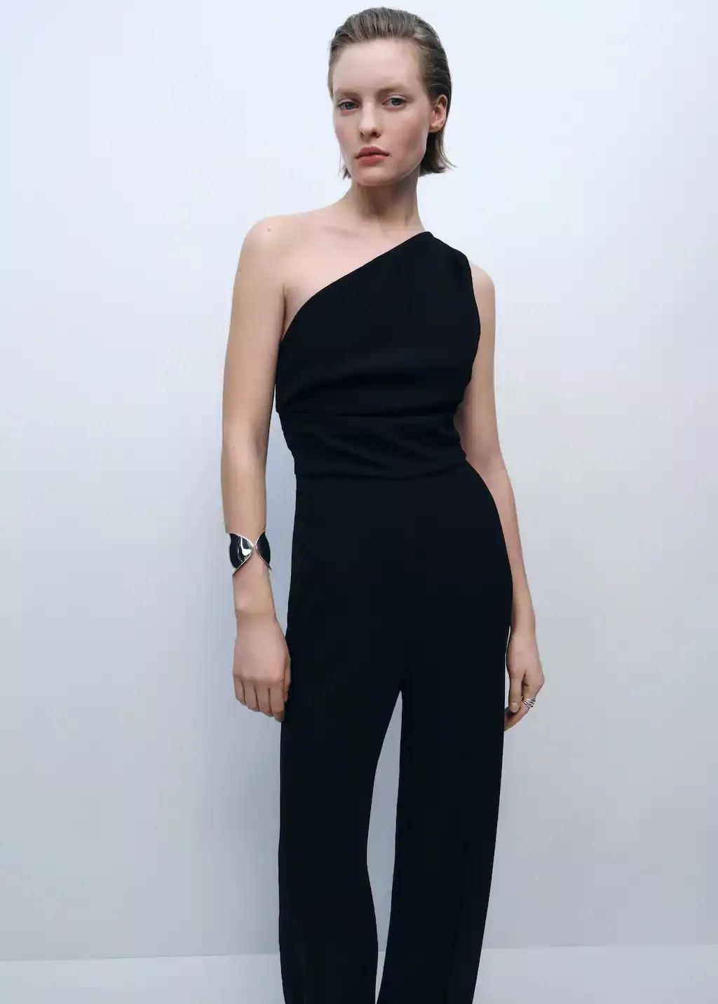 BLACK Asymmetrical jumpsuit with draped detail, , large image number 0