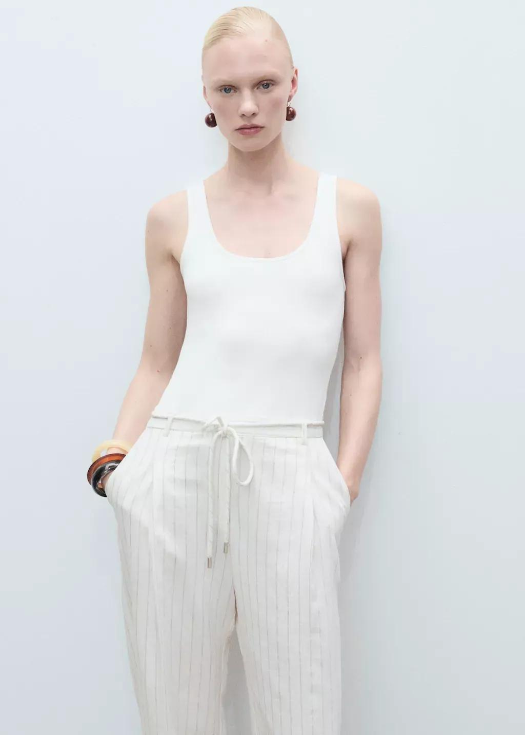 White Striped Combined Knitted Jumpsuit, , large image number 0