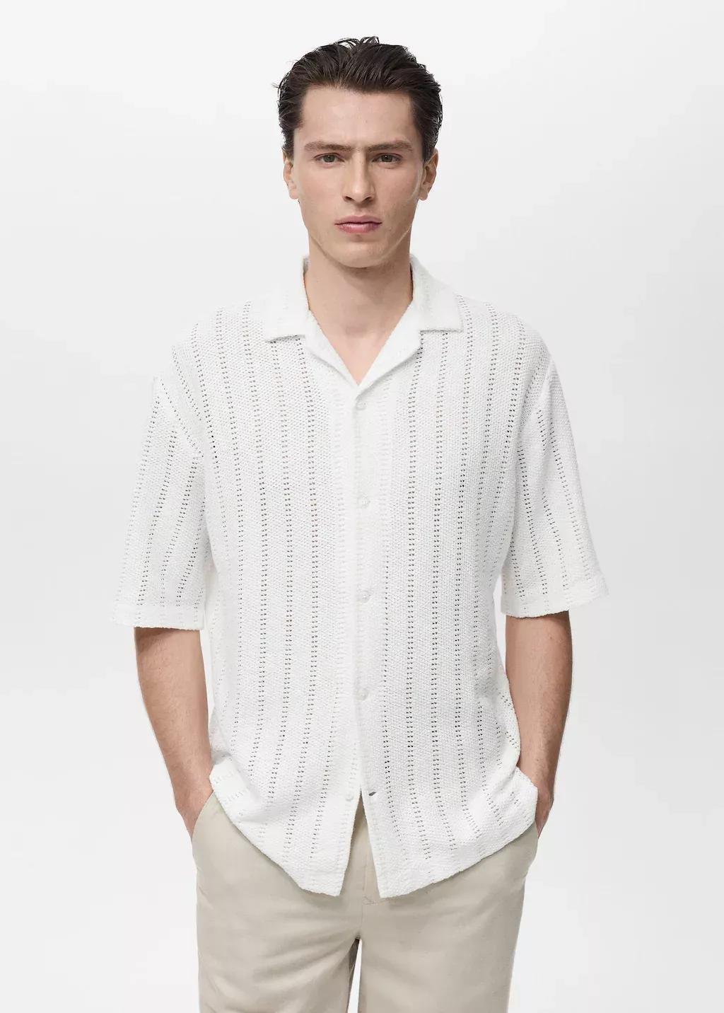 White Knitted Shirt With Pointelle Detail, , large image number 0