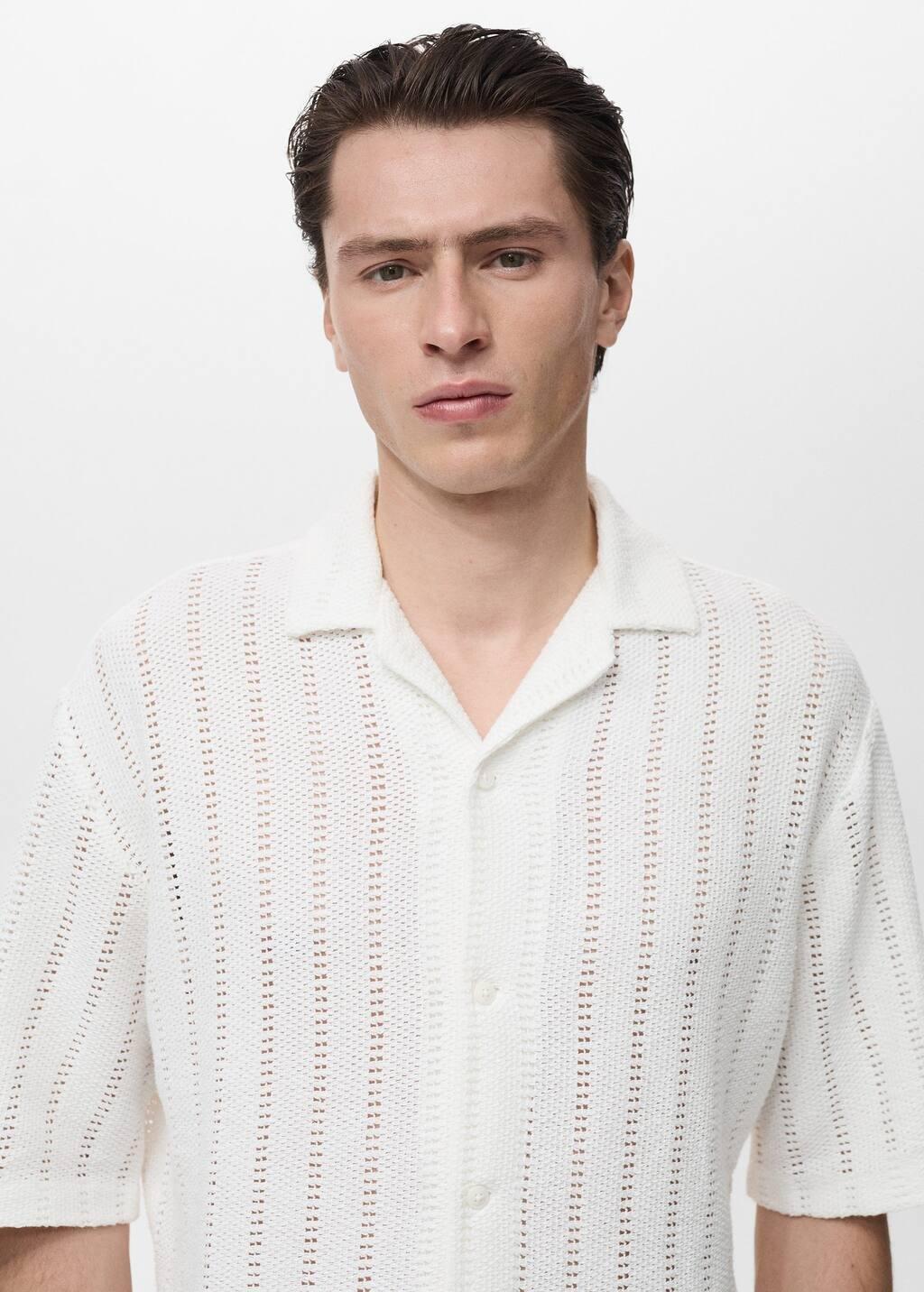 White Knitted Shirt With Pointelle Detail, , large image number 1