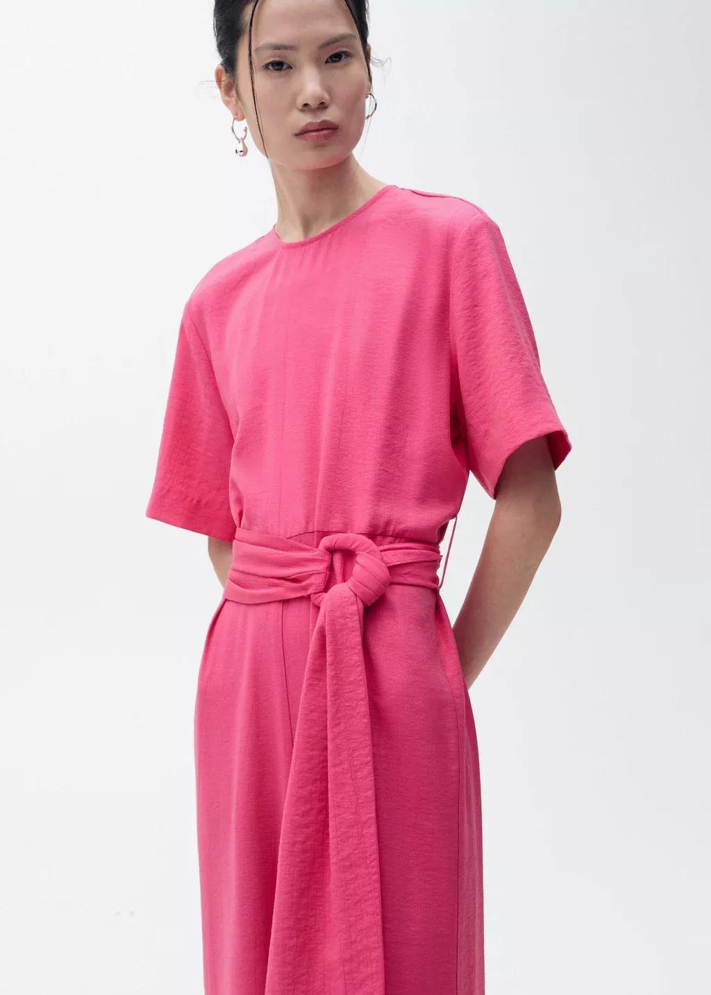 Pink Straight-Fit Short-Sleeved Jumpsuit With Belt, , large image number 0