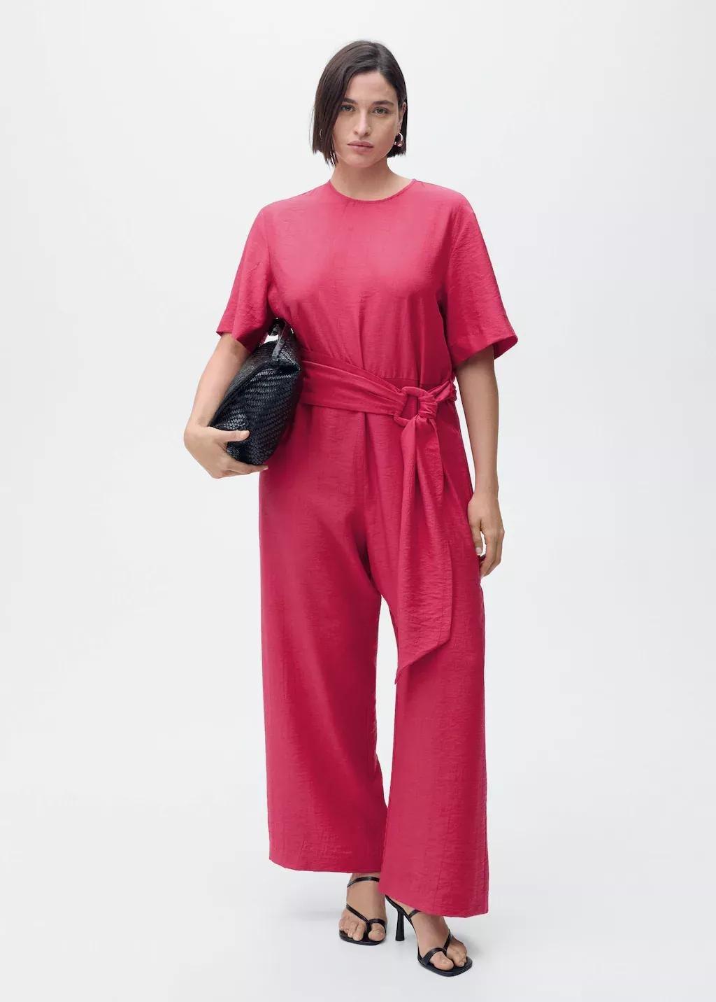 Pink Straight-Fit Short-Sleeved Jumpsuit With Belt, , large image number 3