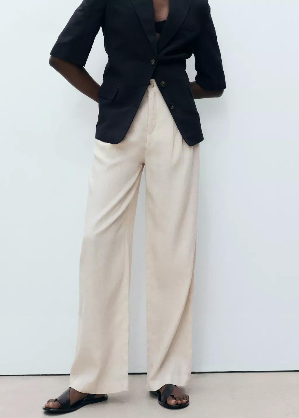 Grey Lt Pastel Linen Trousers With Tortoiseshell Button, , large image number 0