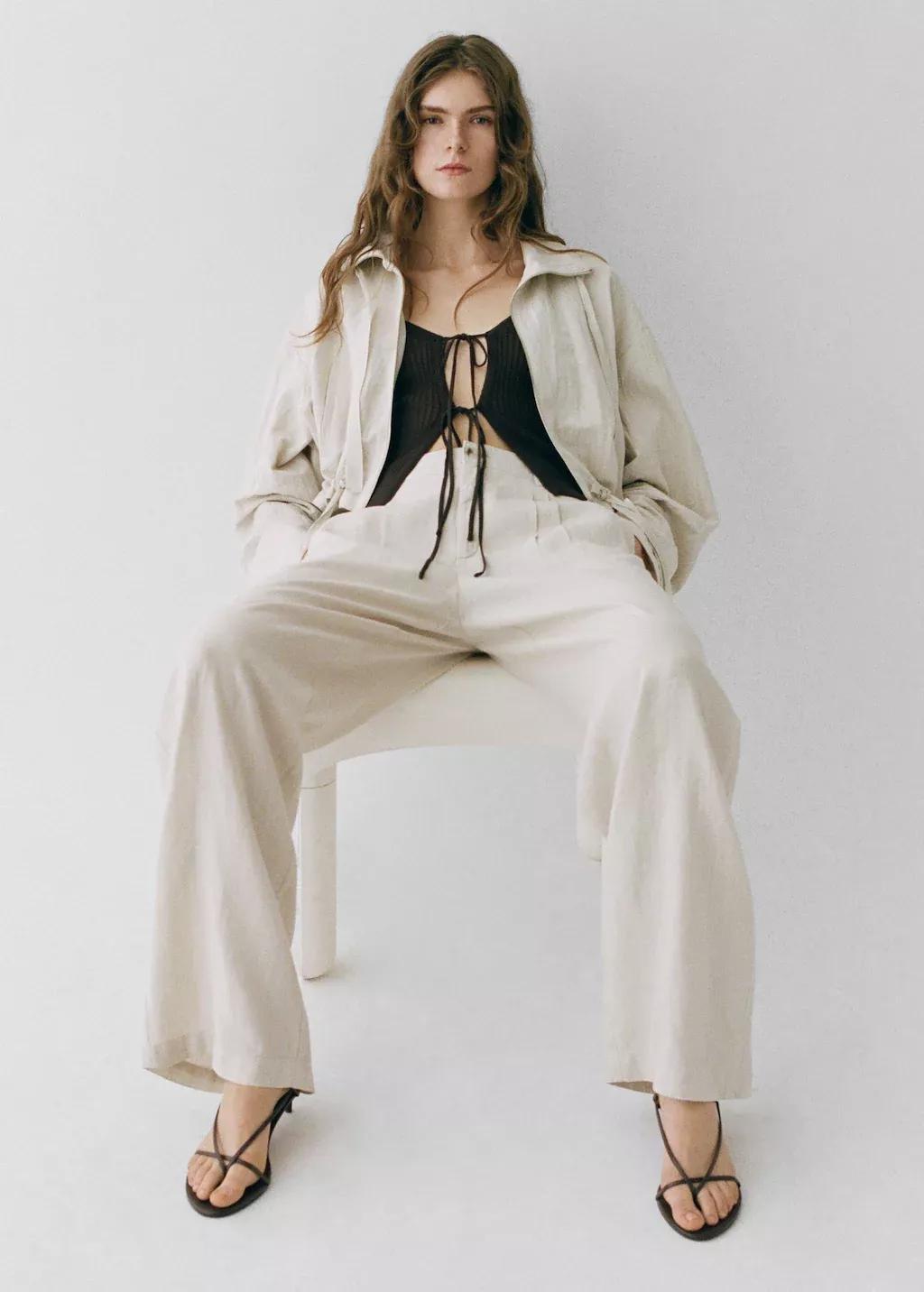 Grey Lt Pastel Linen Trousers With Tortoiseshell Button, , large image number 3