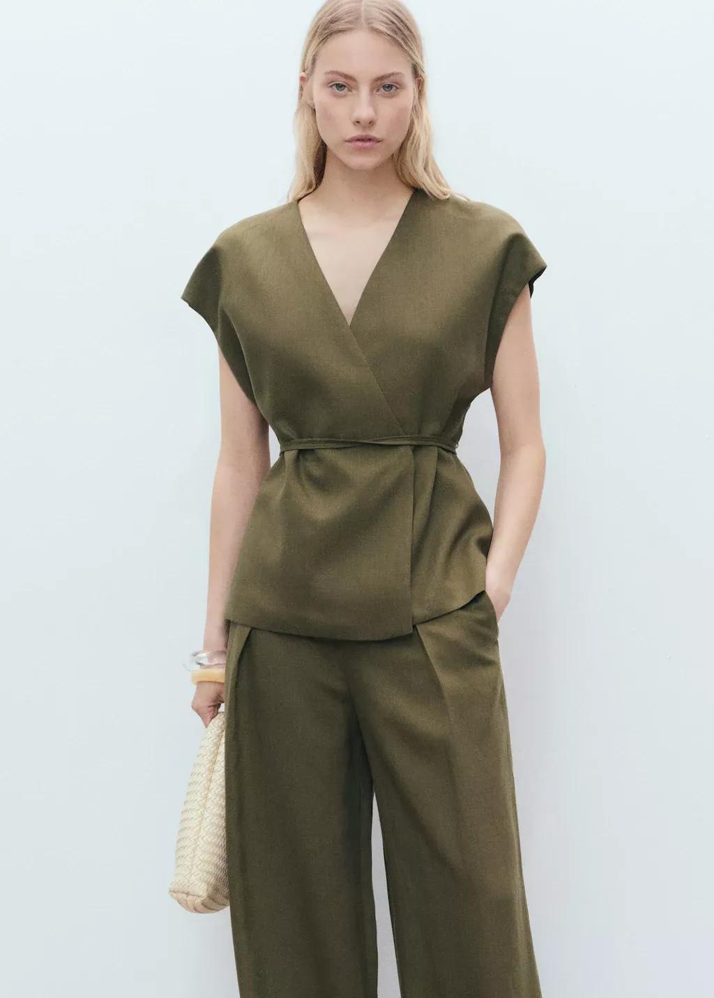 Khaki Linen And Lyocell Wrap Top With Bow, , medium