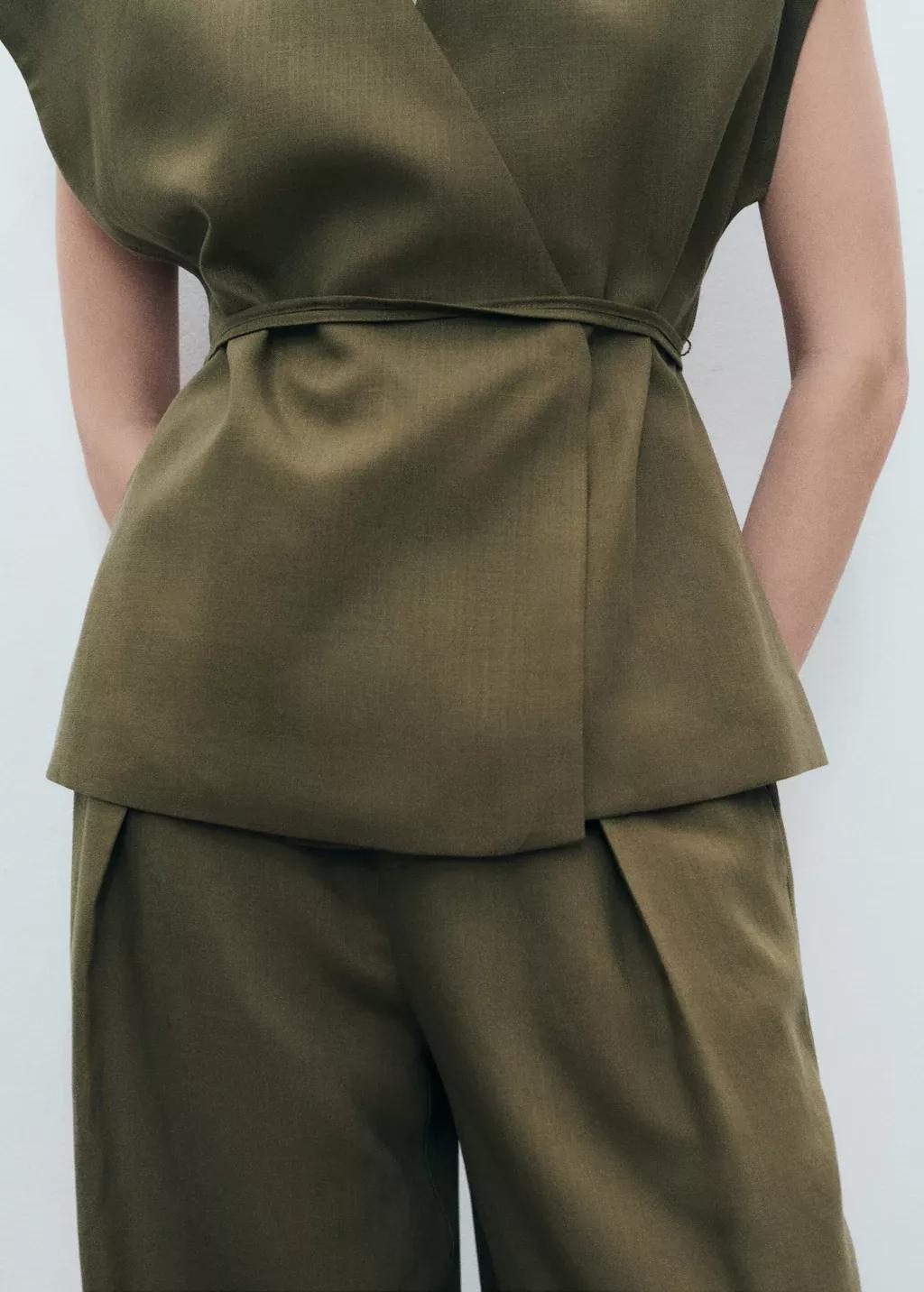 Khaki Linen And Lyocell Wrap Top With Bow, , large image number 2