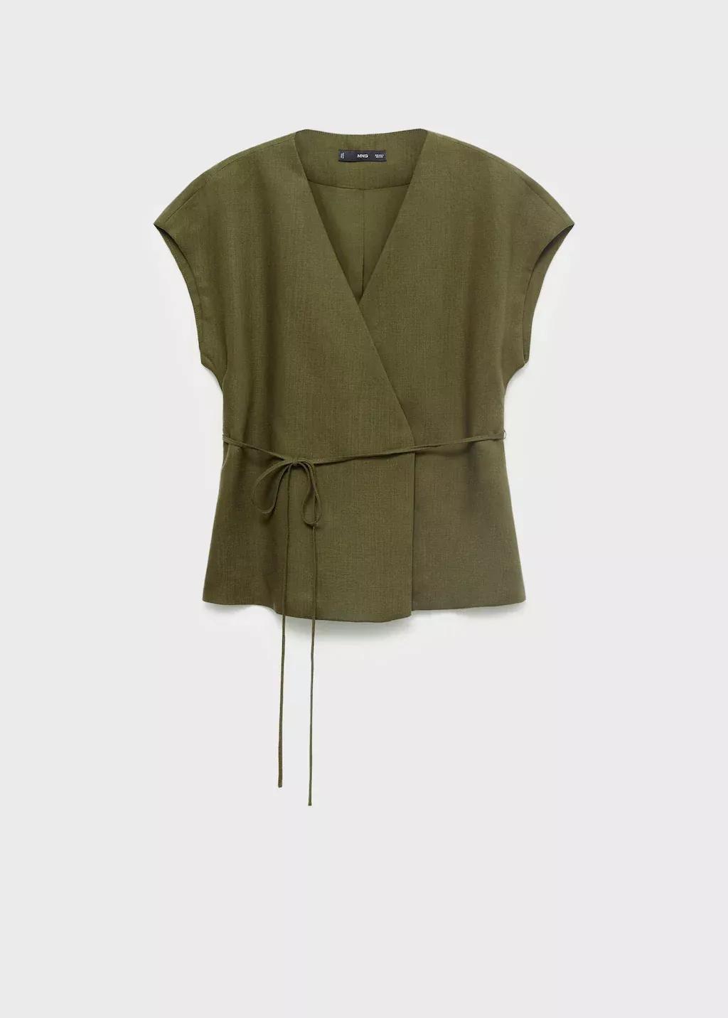 Khaki Linen And Lyocell Wrap Top With Bow, , large image number 3