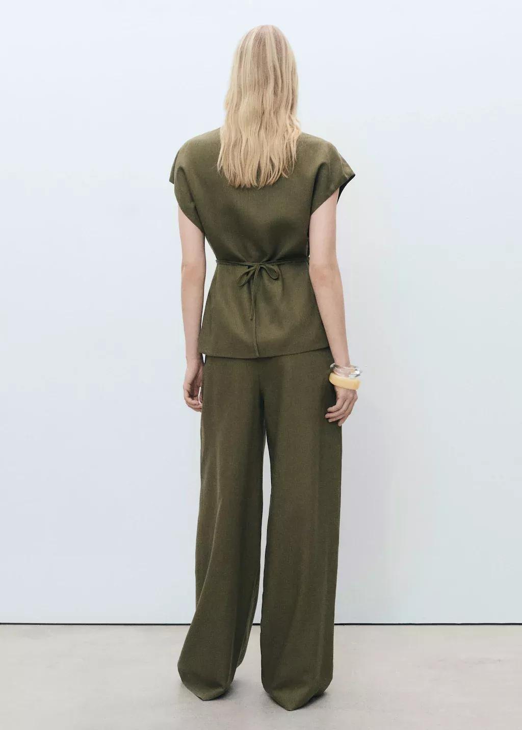 Khaki Linen And Lyocell Wrap Top With Bow, , large image number 5