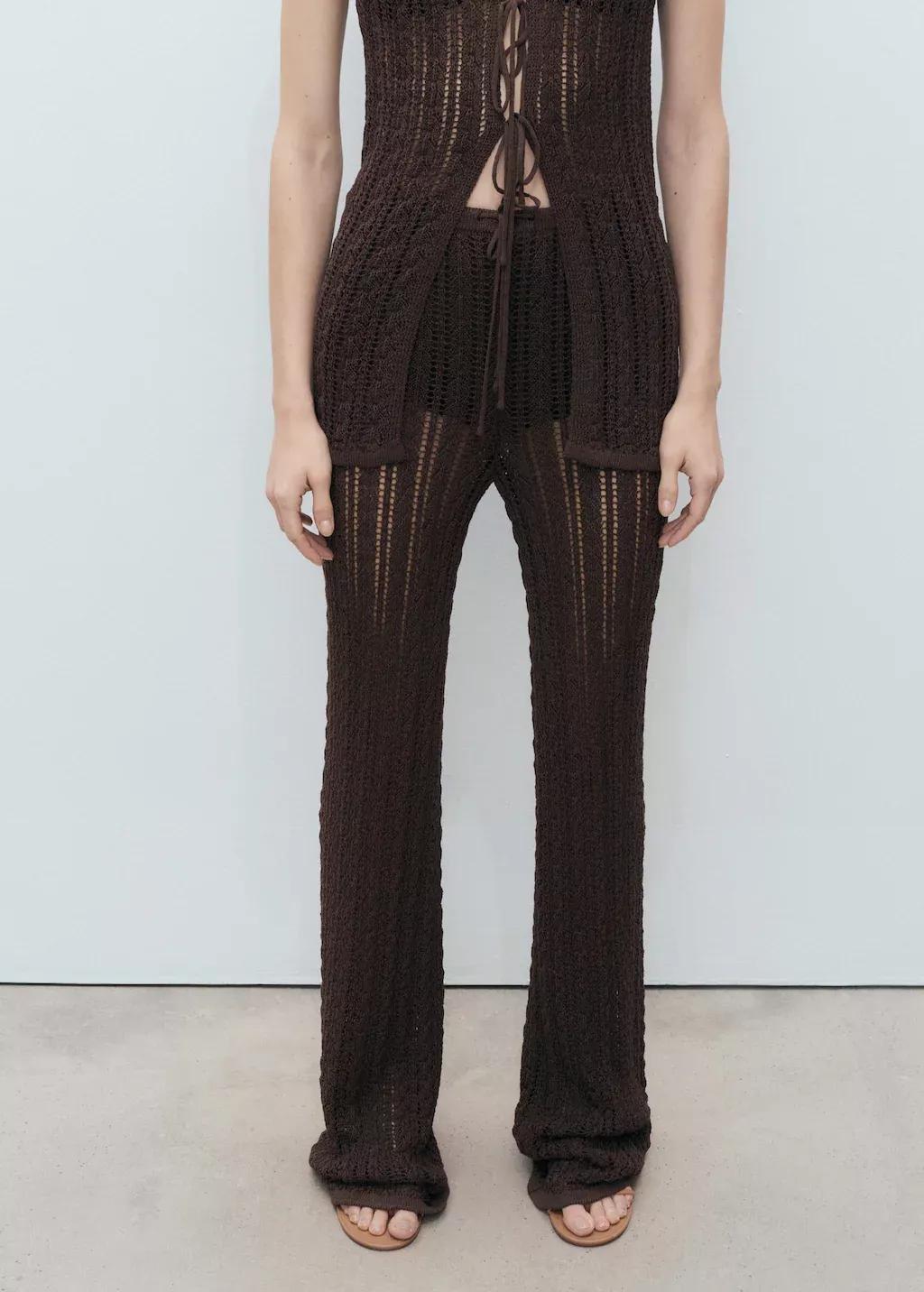 Brown Straight-Fit Openwork Knitted Trousers, , large image number 0