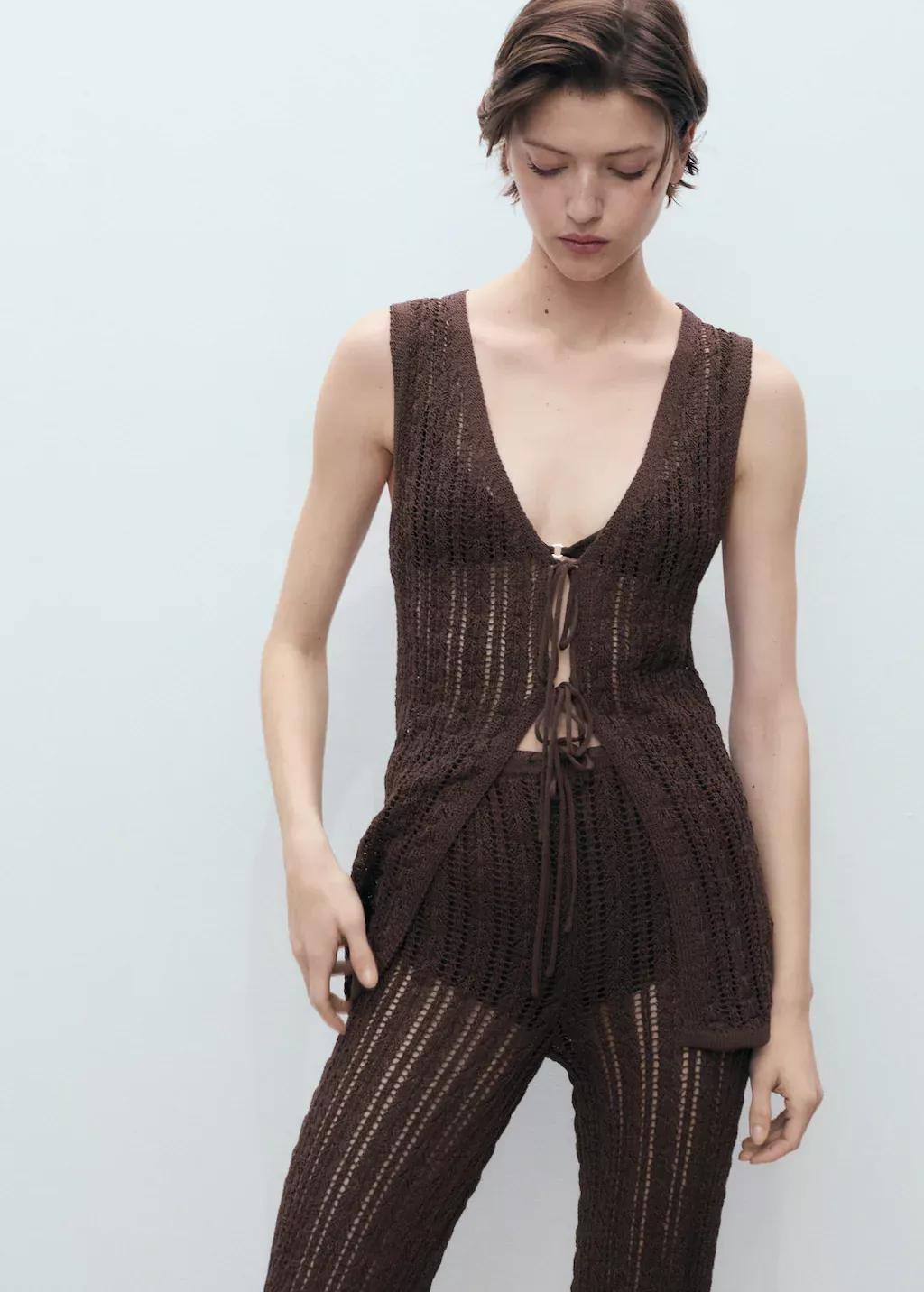 Brown Straight-Fit Openwork Knitted Trousers, , large image number 1