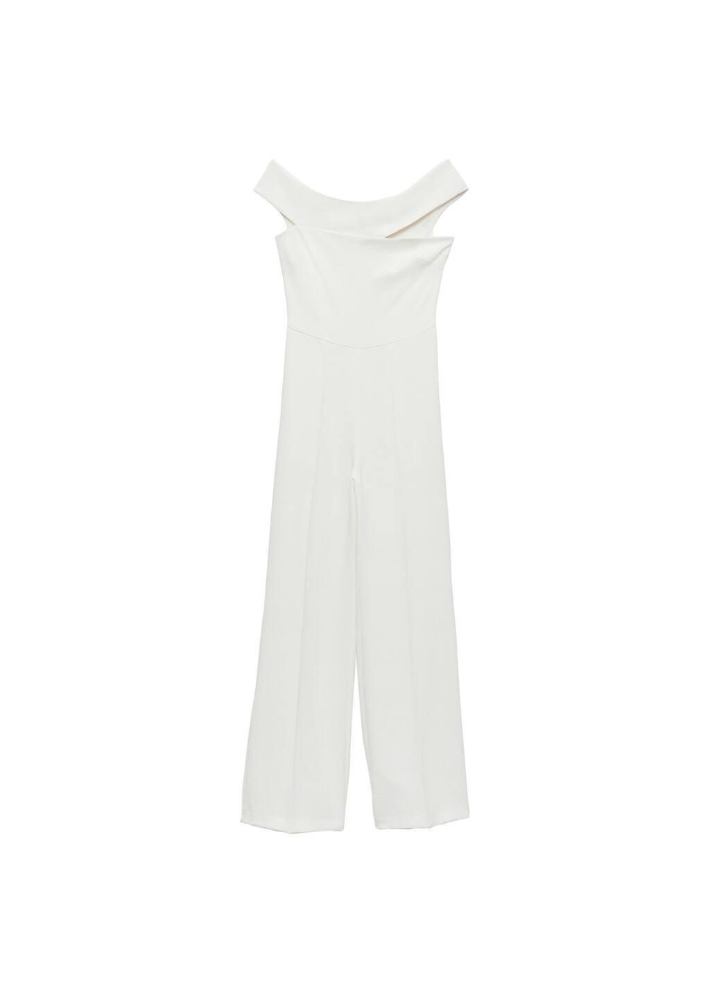 White Long Jumpsuit With Asymmetrical Neck, , large image number 2