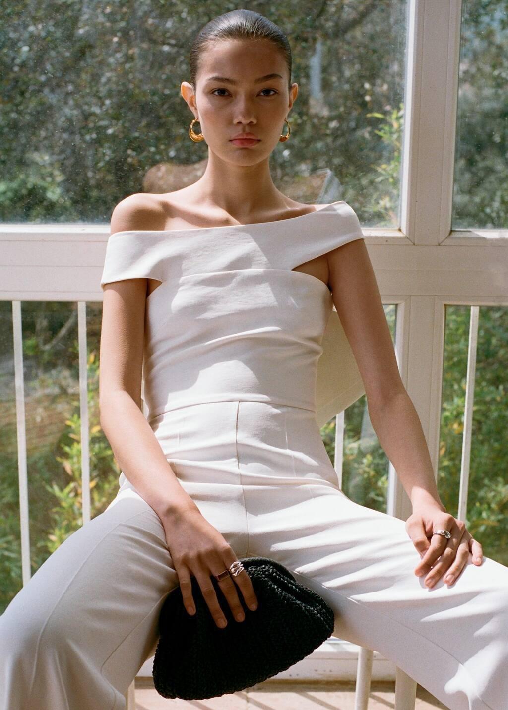 White Long Jumpsuit With Asymmetrical Neck, , large image number 5
