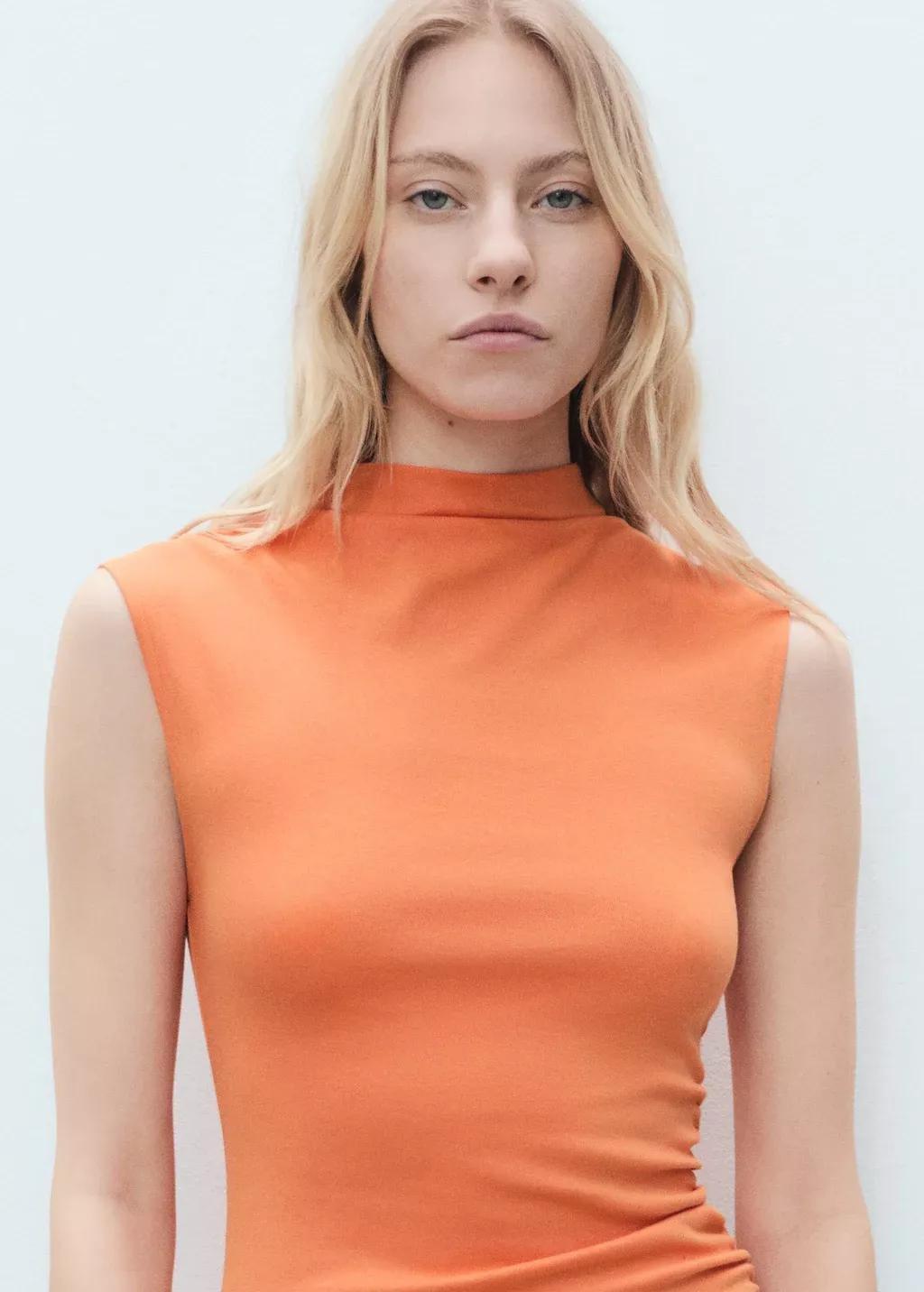 Orange Draped Dress With Perkins Collar, , large image number 1