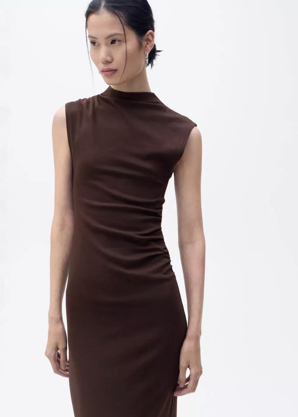 Brown Draped Dress With Perkins Collar, , large image number 0