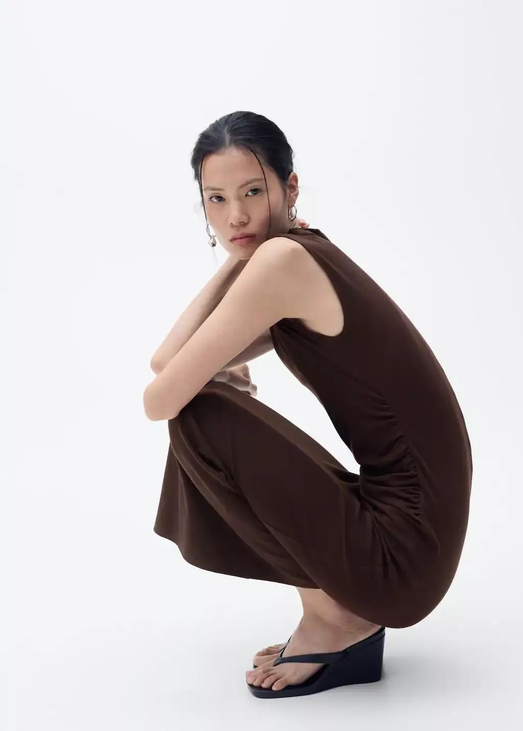 Brown Draped Dress With Perkins Collar, , large image number 2