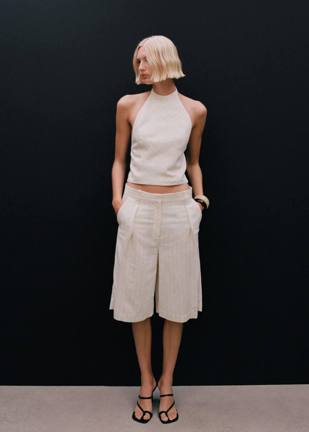 NATURAL WHITE Striped linen-blend bermuda shorts, , large image number 4