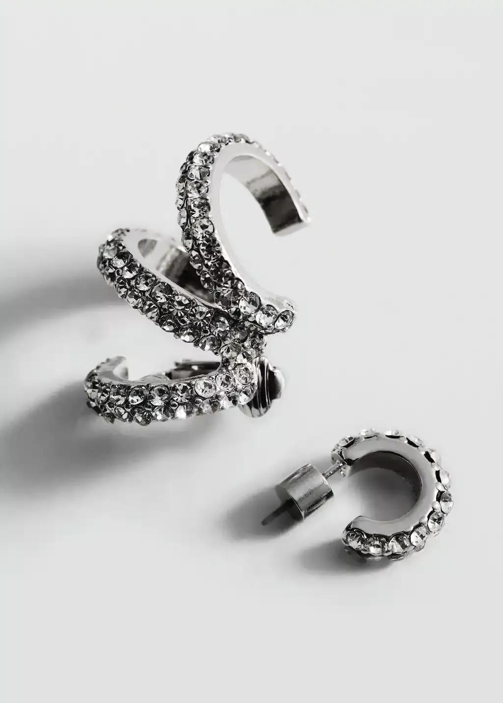 Silver Crystal Earrings Ear-Cuff Set, Silver, large image number 0