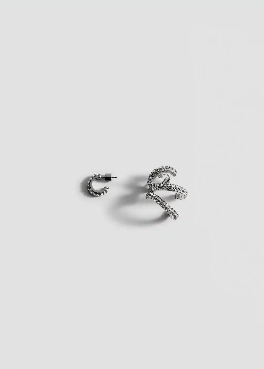 Silver Crystal Earrings Ear-Cuff Set, Silver, large image number 3