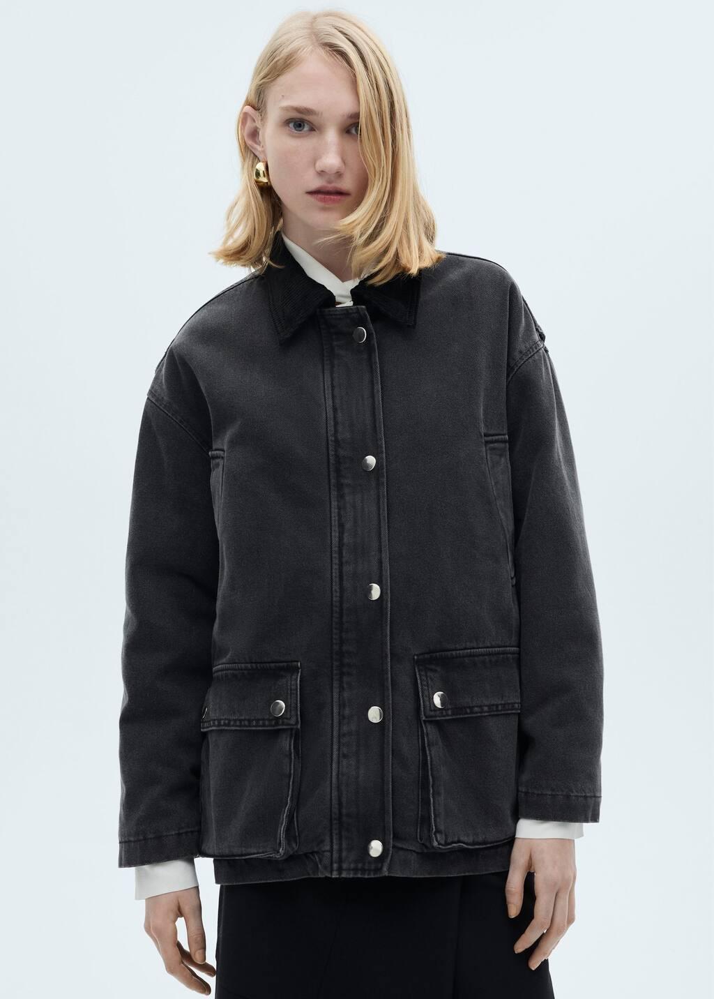 Grey Jacket With Corduroy Collar Pockets, , large image number 0