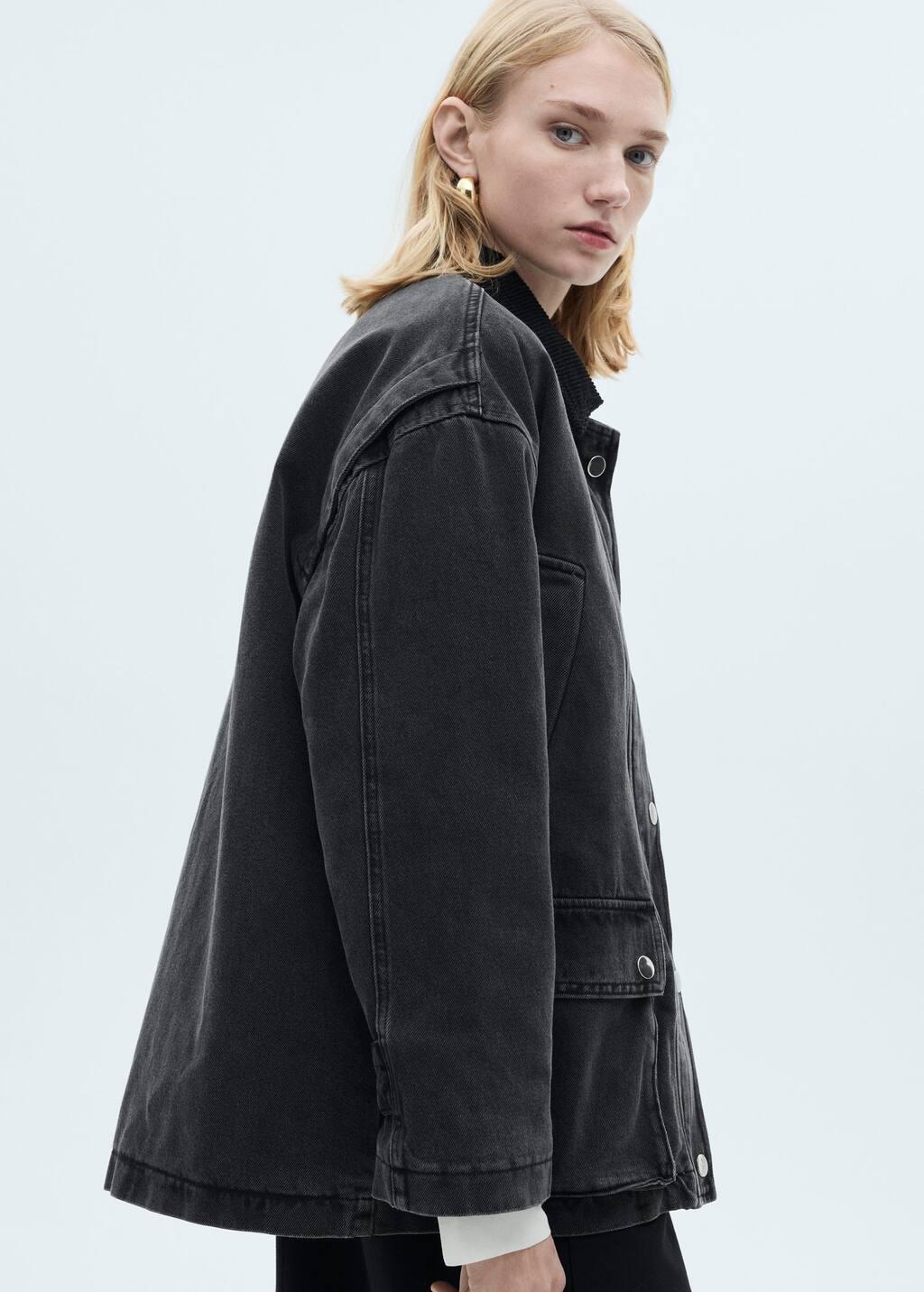 Grey Jacket With Corduroy Collar Pockets, , large image number 3
