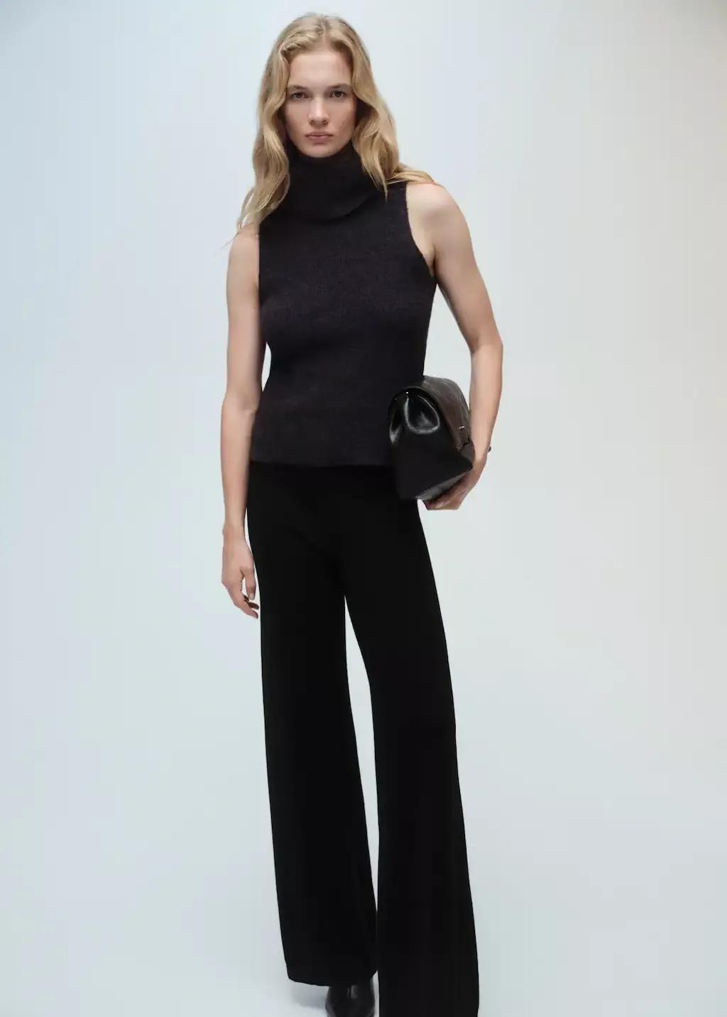 Black Knitted Wide Leg Trousers, , large image number 1