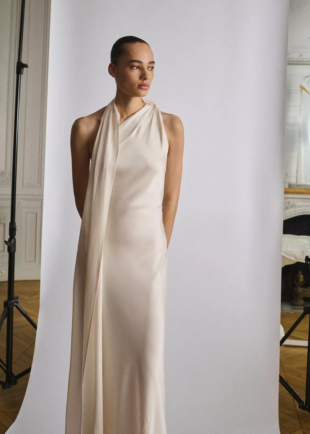Beige Asymmetrical Bow-Neck Dress, , large image number 0