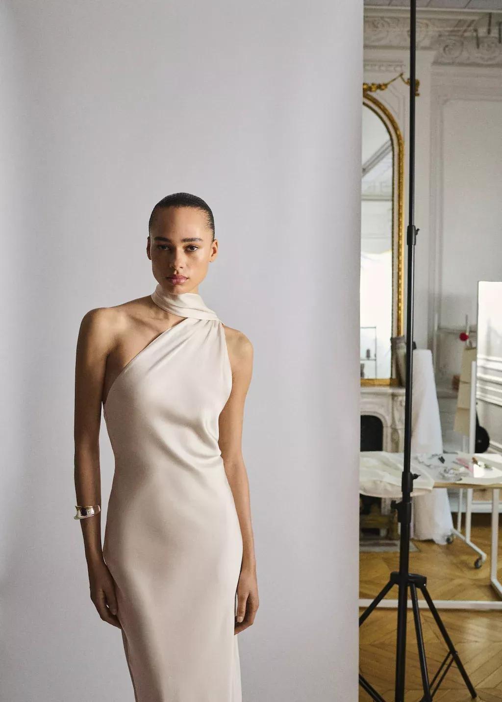 Beige Asymmetrical Bow-Neck Dress, , large image number 1
