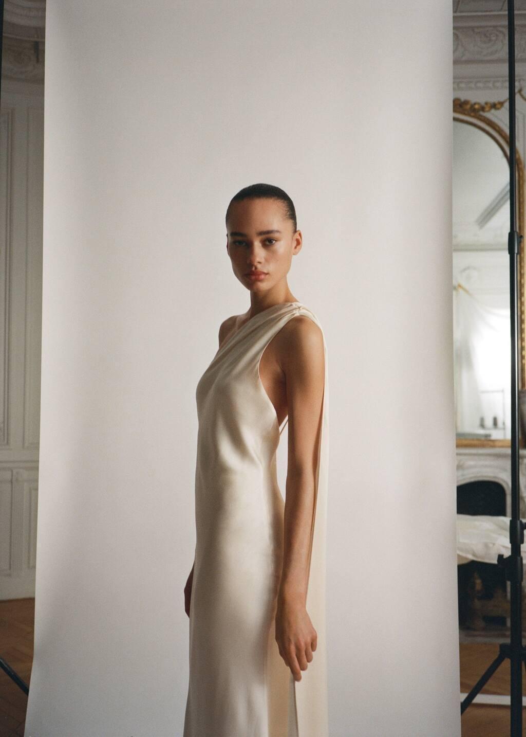 Beige Asymmetrical Bow-Neck Dress, , large image number 2