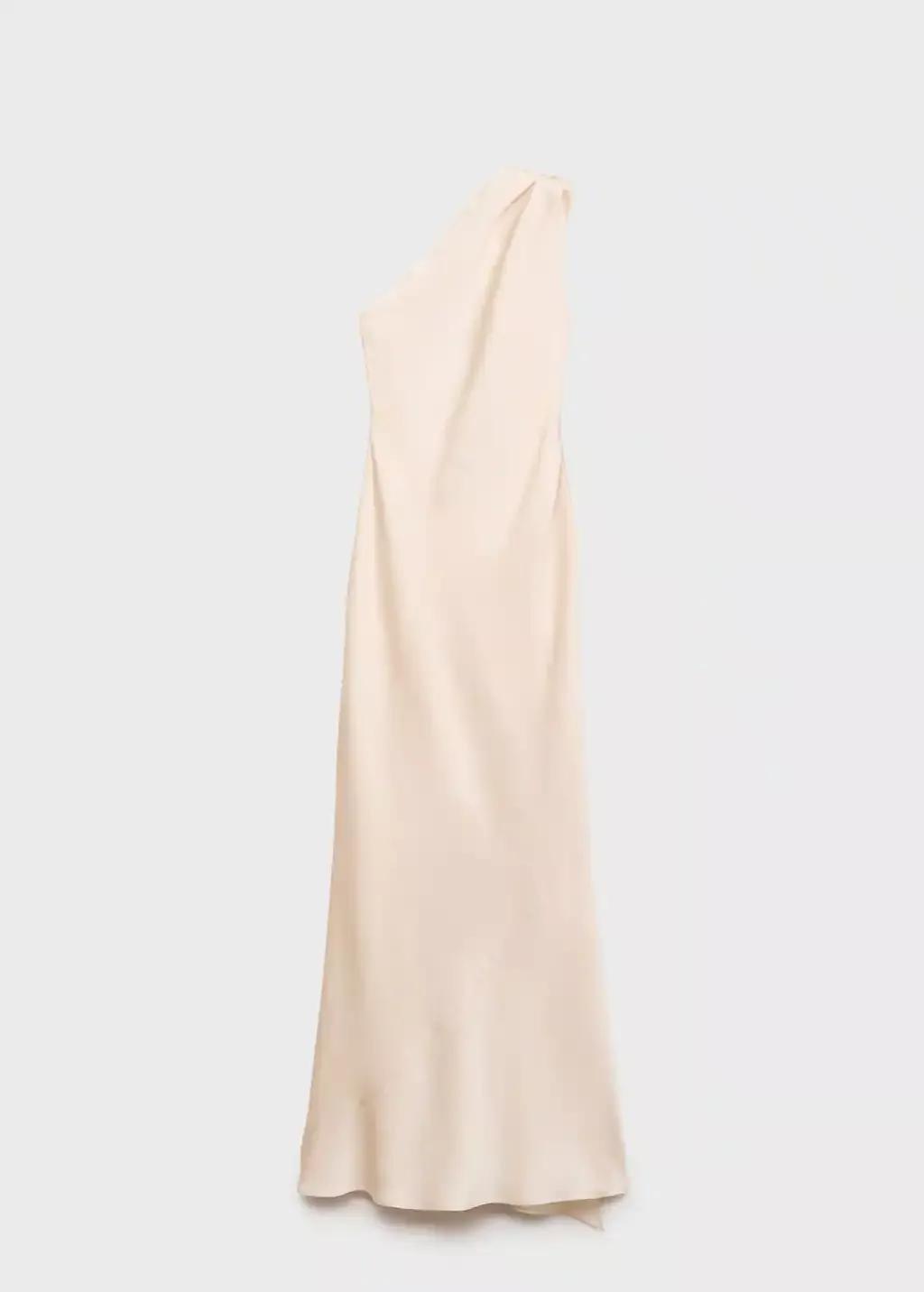Beige Asymmetrical Bow-Neck Dress, , large image number 3