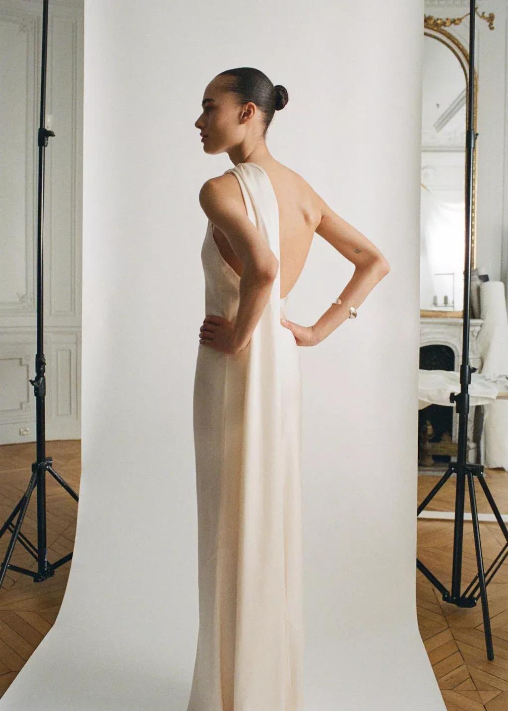 Beige Asymmetrical Bow-Neck Dress, , large image number 4