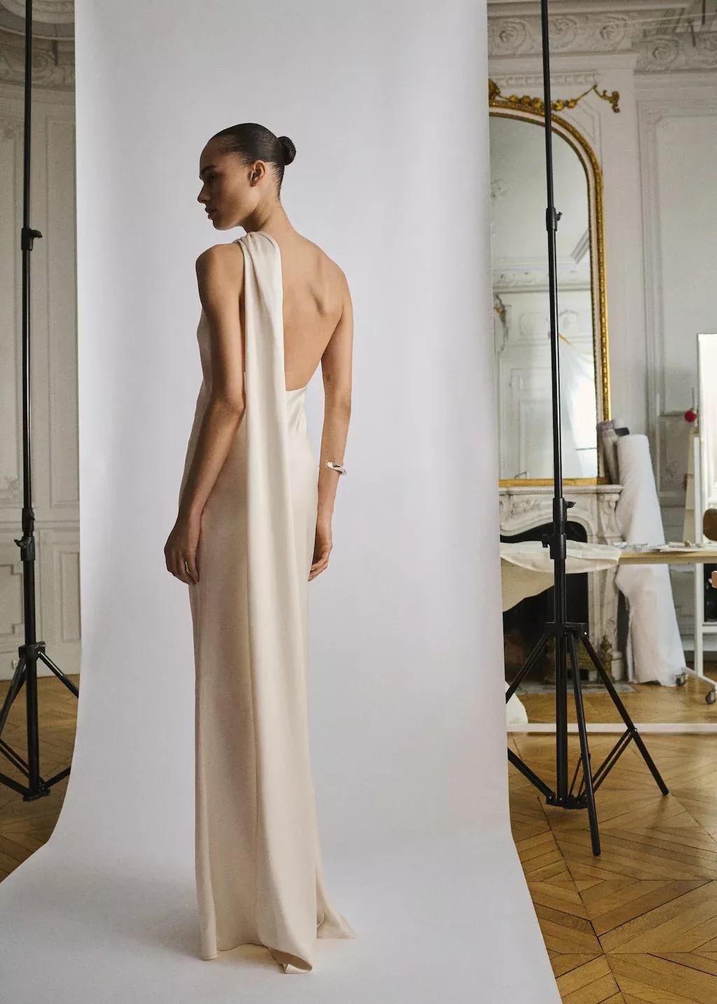 Beige Asymmetrical Bow-Neck Dress, , large image number 6