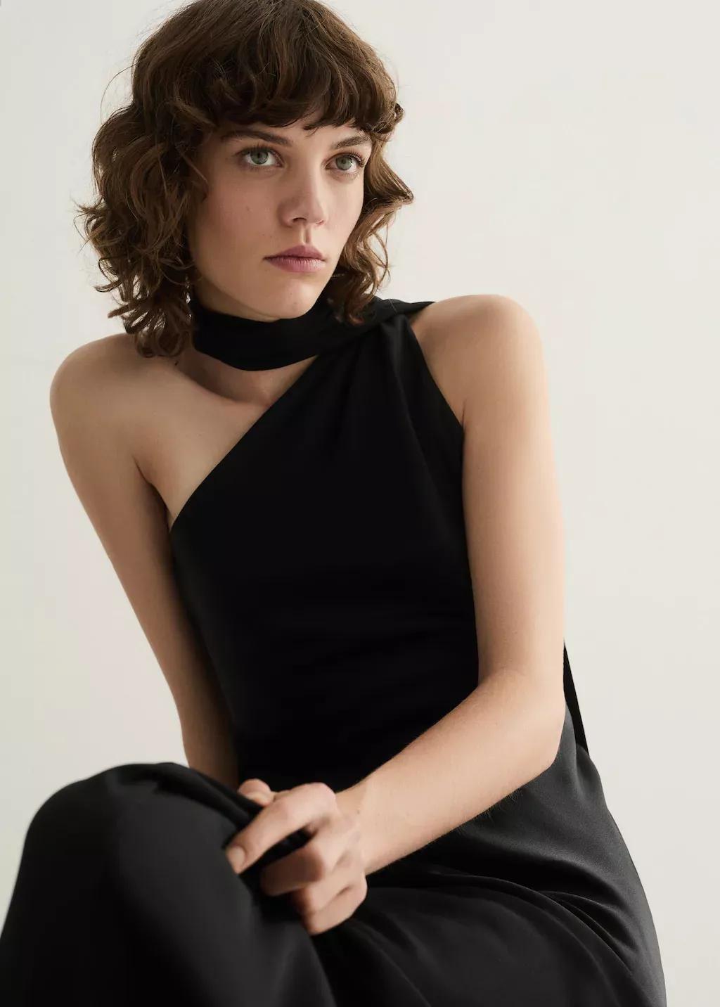 Black Asymmetrical Bow-Neck Dress, , large image number 0