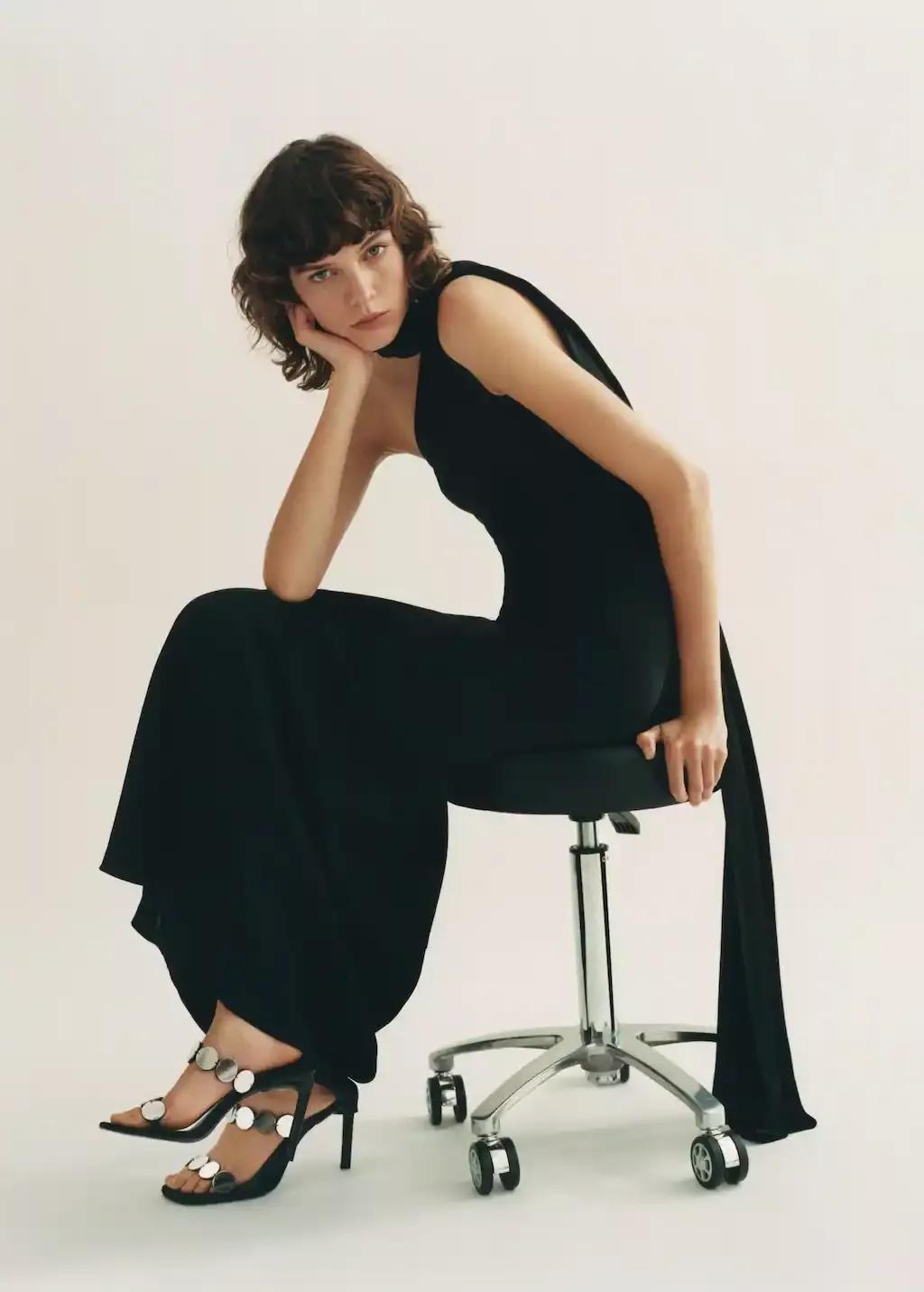 Black Asymmetrical Bow-Neck Dress, , large image number 3