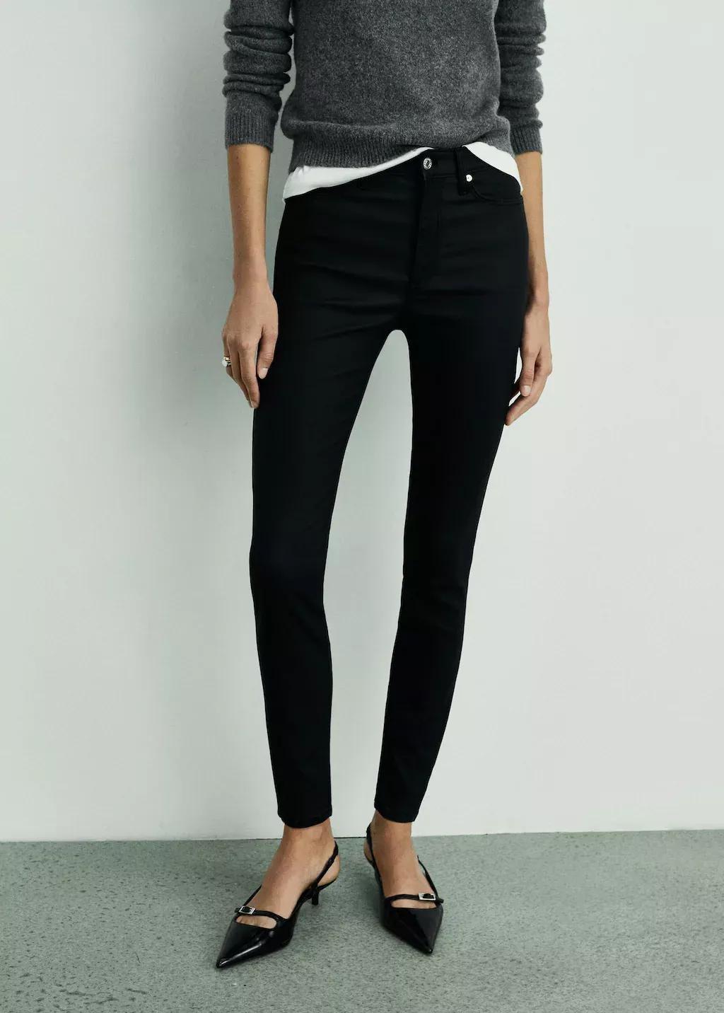 Black Waxed Mid-Rise Skinny Jeans, , large image number 0