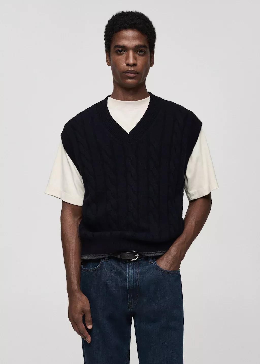 Navy Braided Knitted Woollen Waistcoat, , large image number 0
