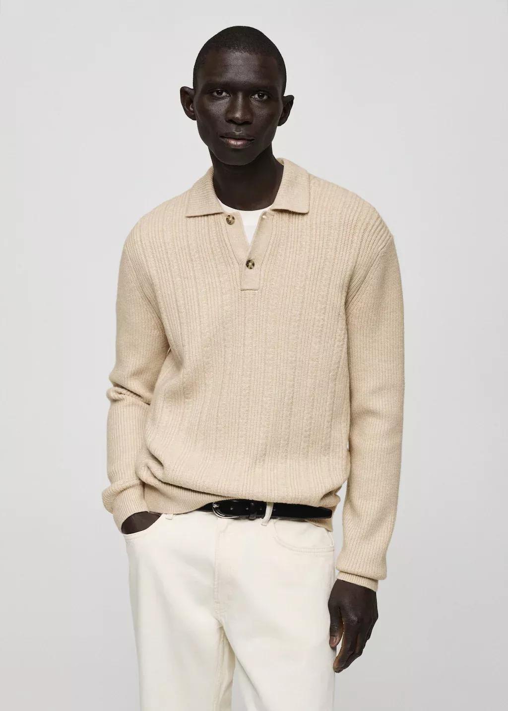 Beige Structured Knitted Polo Sweater, , large image number 0