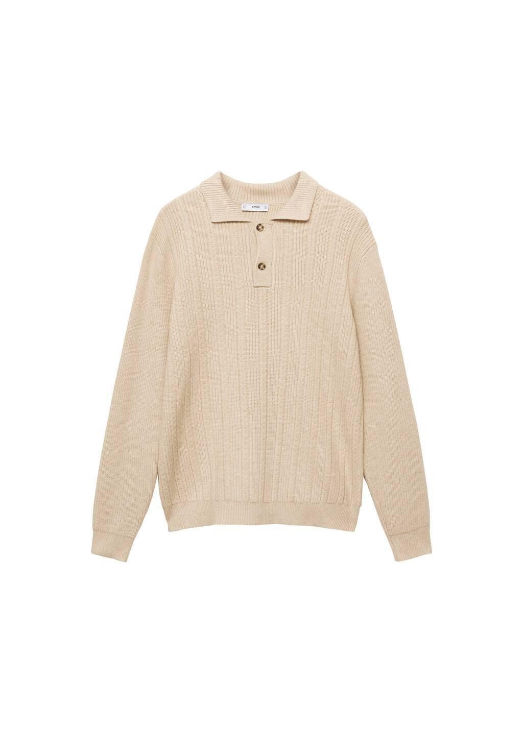Beige Structured Knitted Polo Sweater, , large image number 2
