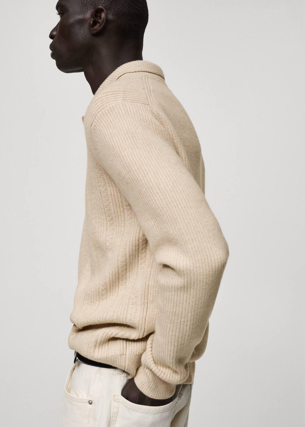 Beige Structured Knitted Polo Sweater, , large image number 3