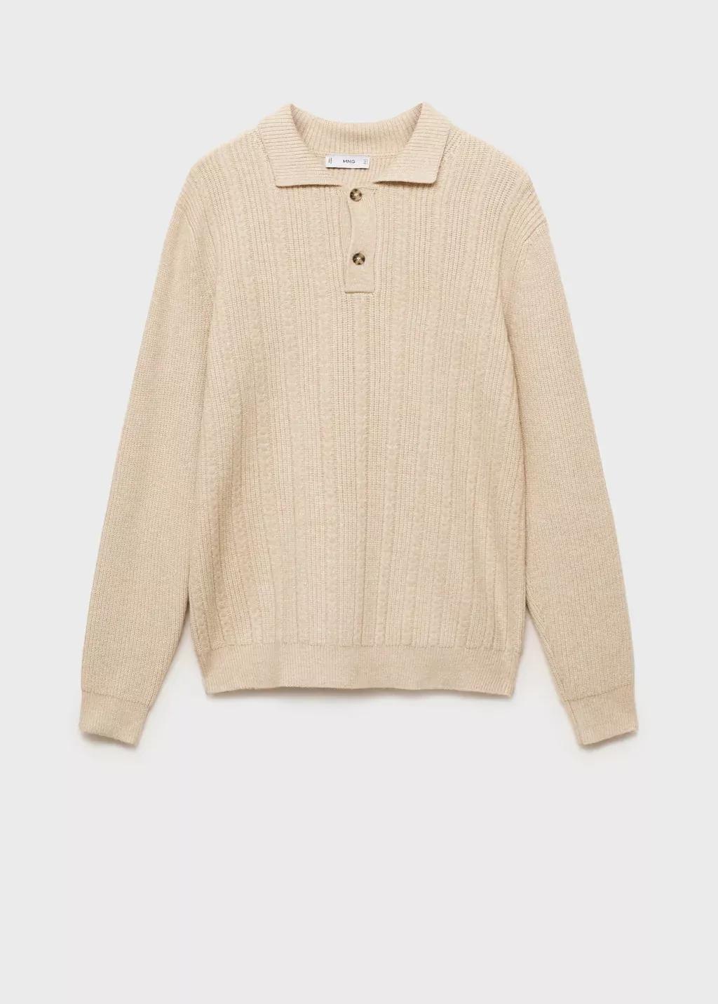 Beige Structured Knitted Polo Sweater, , large image number 4