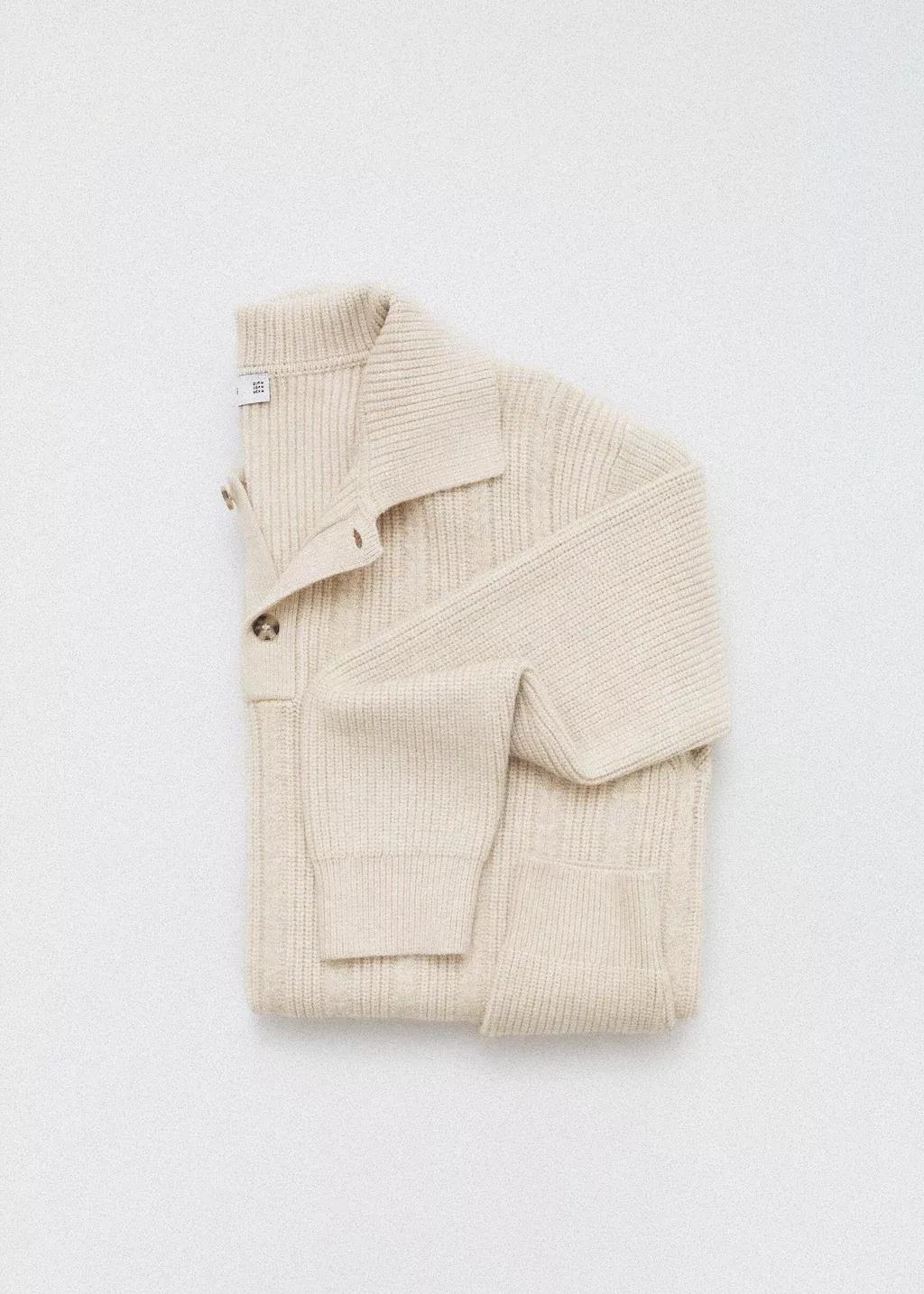 Beige Structured Knitted Polo Sweater, , large image number 6
